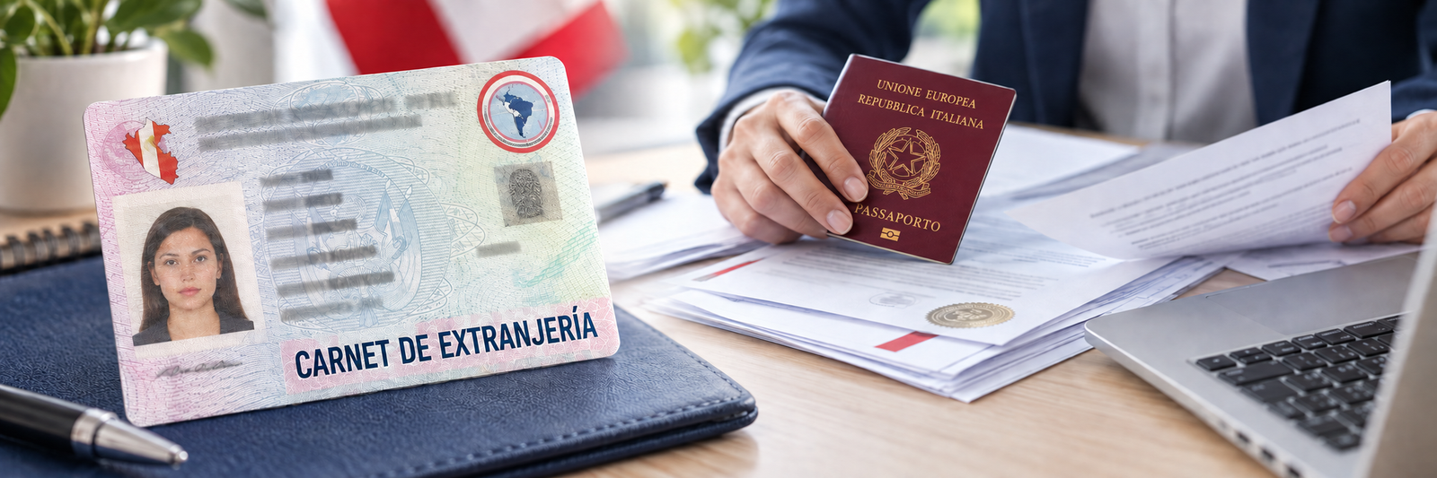 Carnet de extranjería ficticio y documentación para una solicitud de residencia en Perú