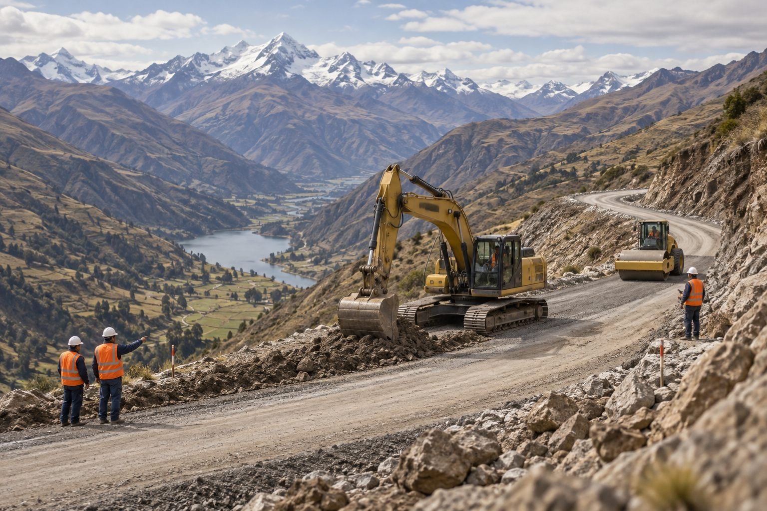 Imagen generada de construcción de una carretera en los Andes con maquinaria y trabajadores