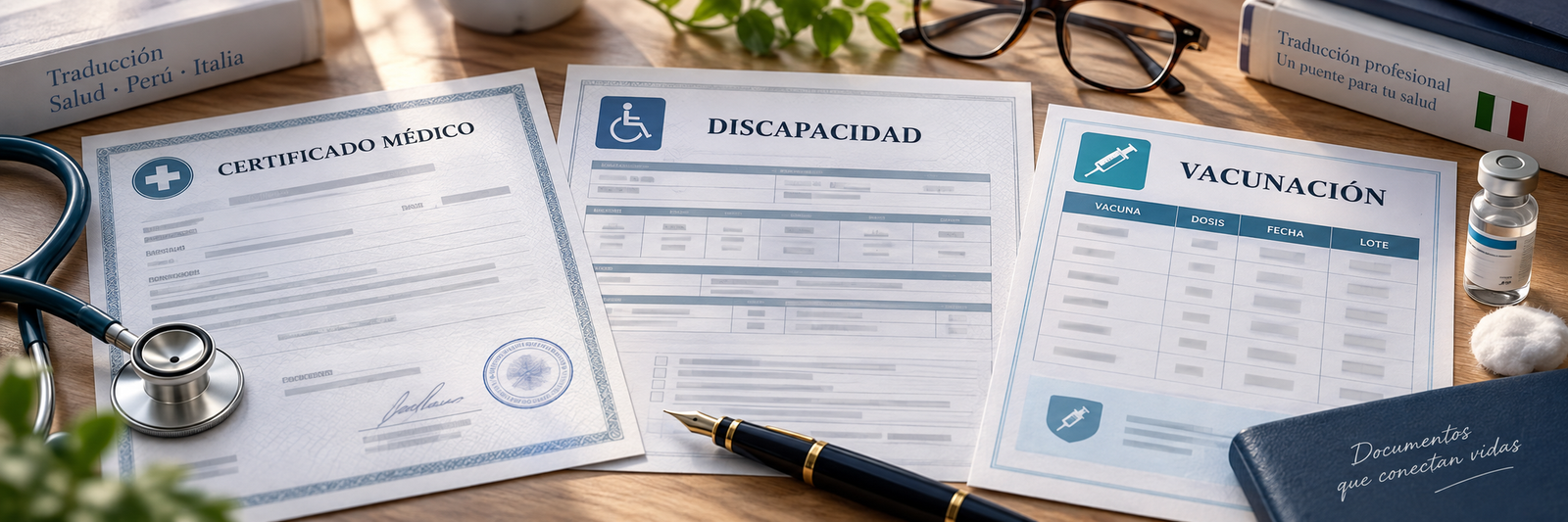 Certificado médico, certificado de discapacidad y cartilla de vacunación para traducir al italiano