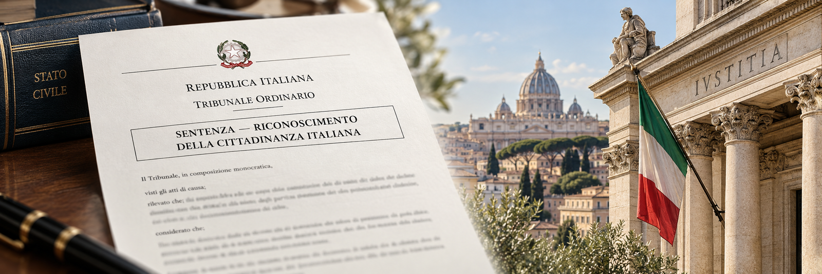 Sentencia italiana ficticia de reconocimiento de ciudadanía junto a una vista institucional de Roma