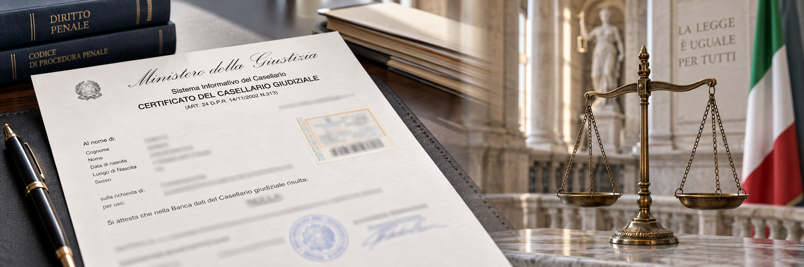 Imagen generada de un archivo judicial italiano con balanza de la justicia