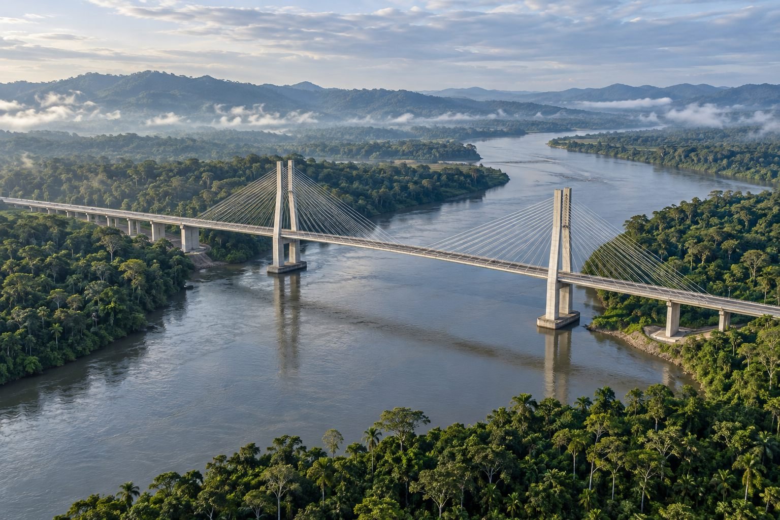 Ilustración generada de un puente sobre un río en la selva peruana