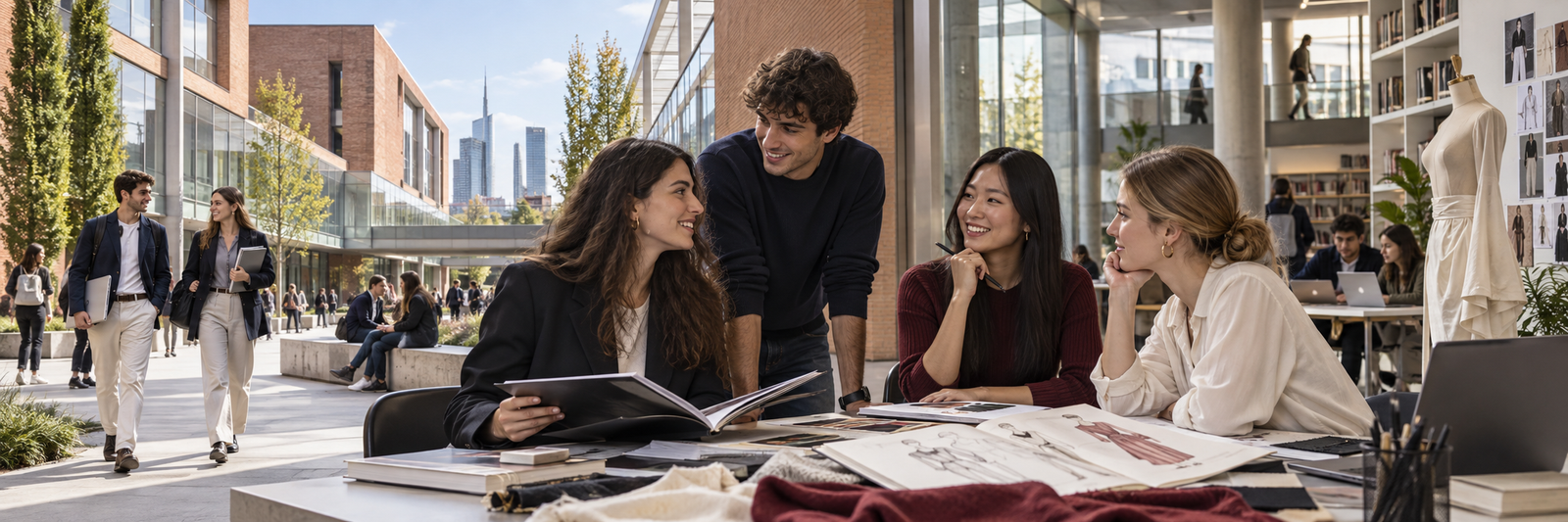 Estudiantes de universidad, moda y diseño en un campus moderno de Milán